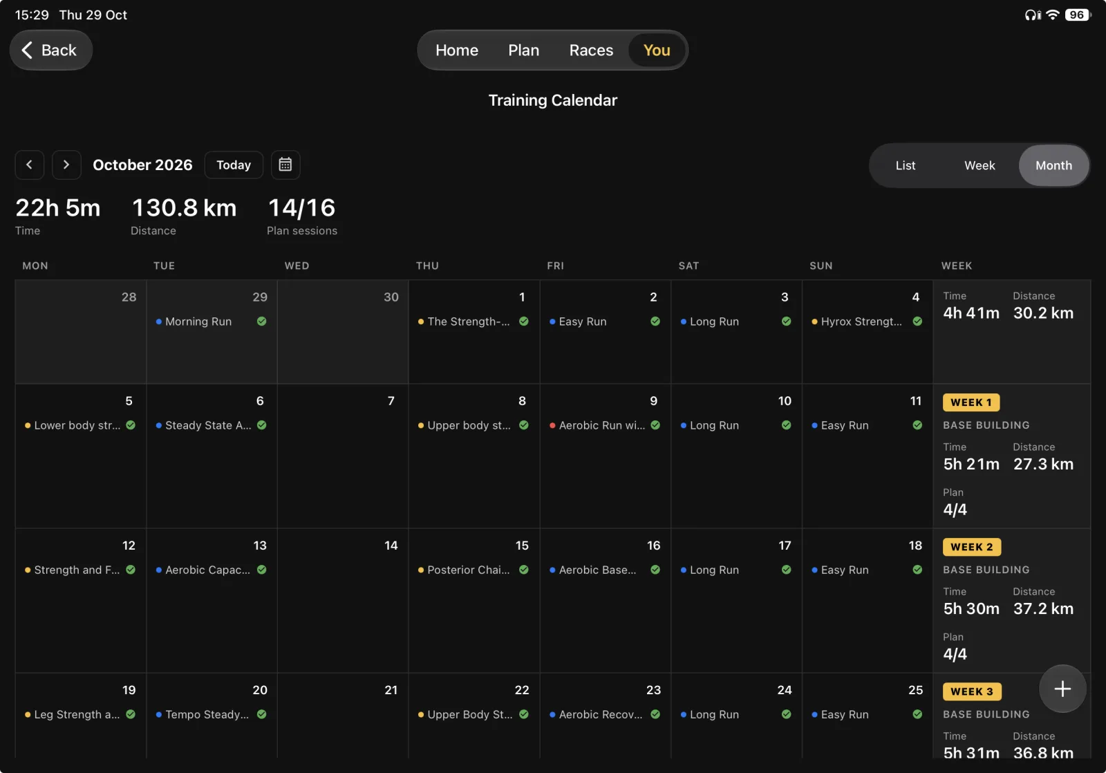 The Training Calendar in month view on iPad