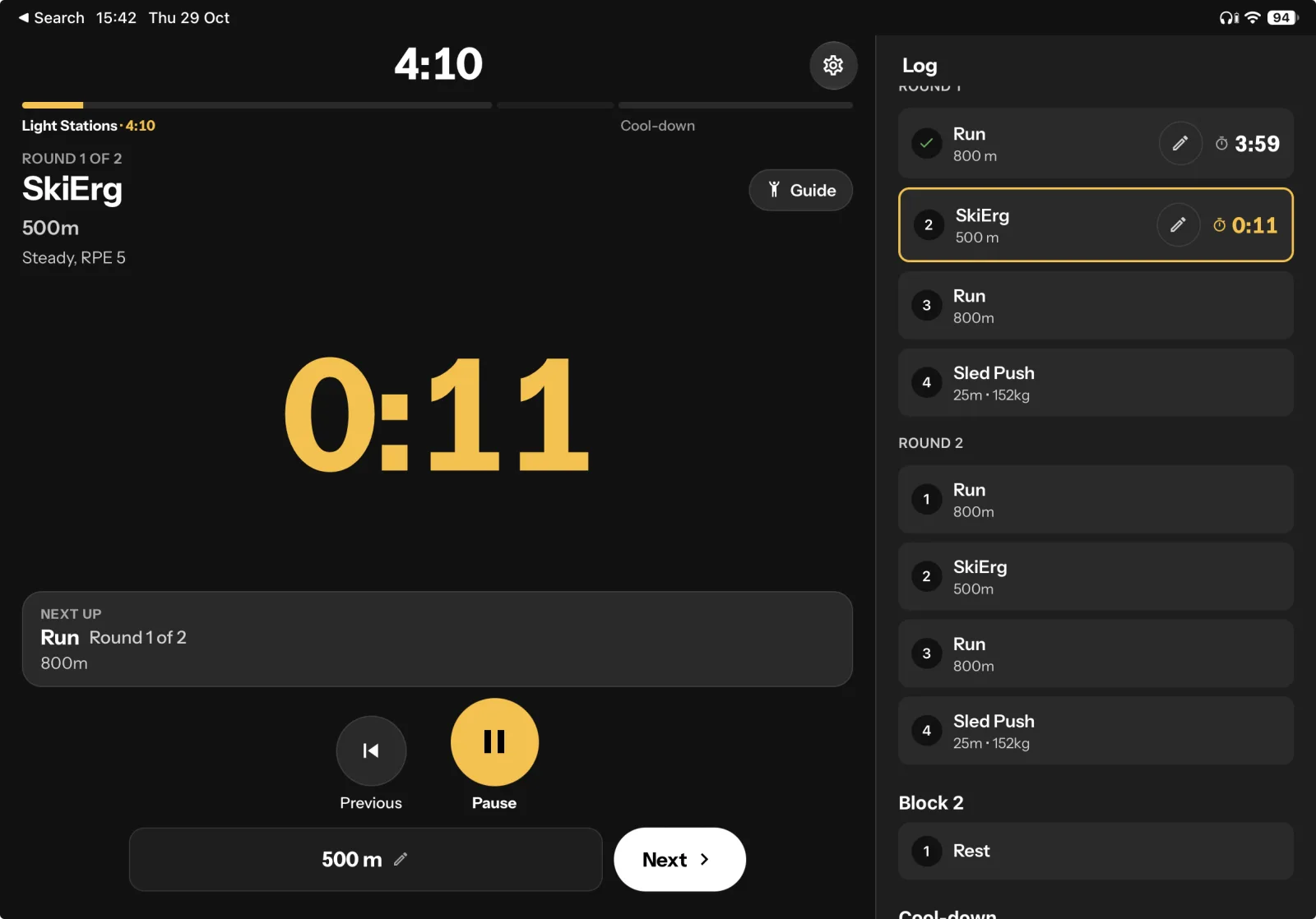 The workout timer on iPad, with the session log beside the clock