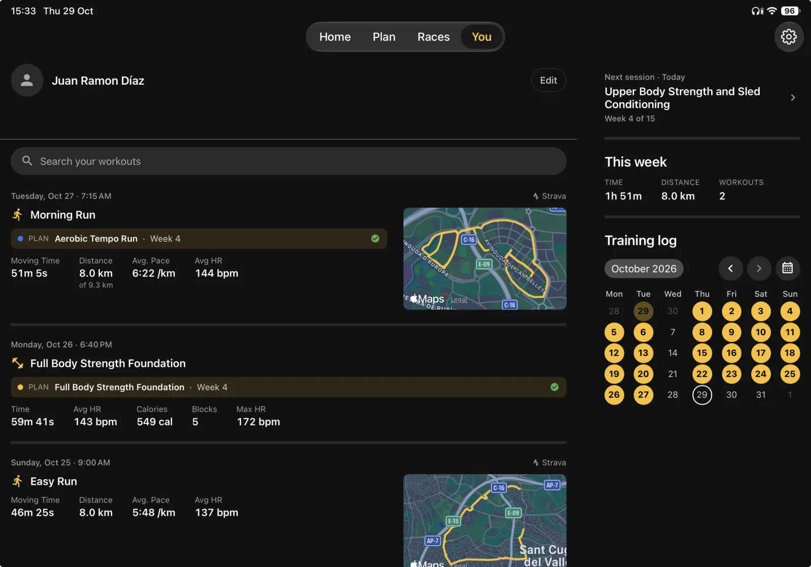 The You tab on iPad: workout feed on the left, next session and training log on the right